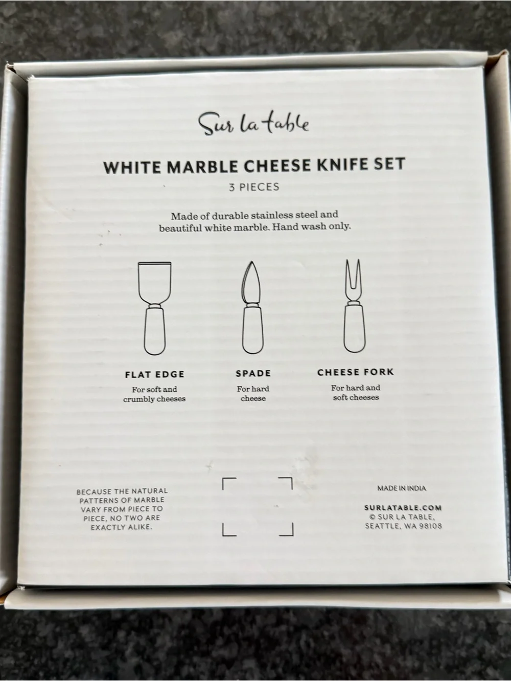 NEW Sur la Table White Marble Cheese Knife Set